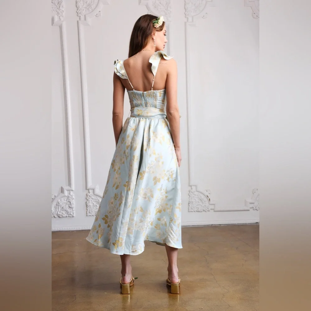 V. Chapman Sky Blue and Gold Floral Midi Dress - Picture 4 of 15